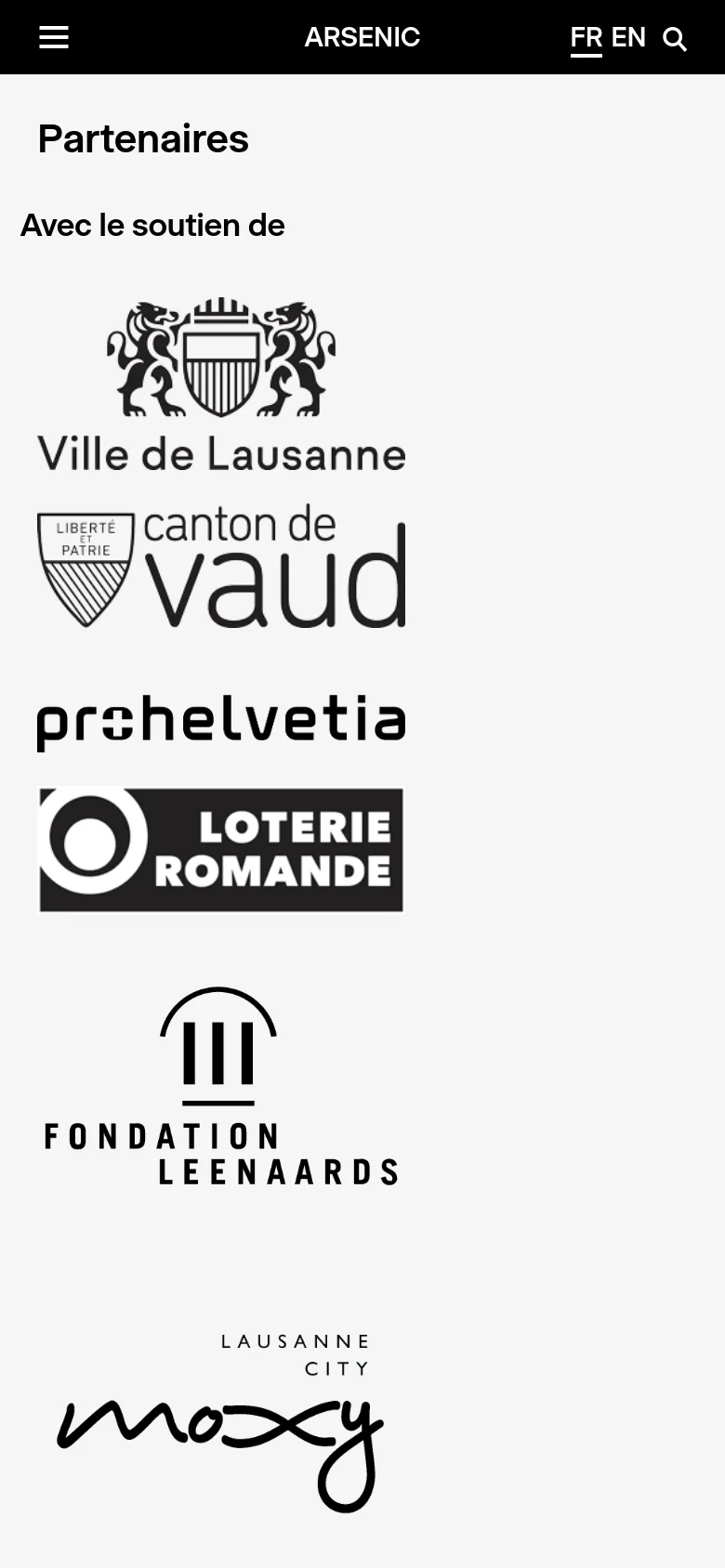 The mobile version maintains the minimalist white and black aesthetic but uses a single-column vertical layout. The header includes a hamburger menu, the site name 'ARSENIC', and language toggles. The partner logos, including Ville de Lausanne and canton de vaud, are stacked vertically for easier scrolling on a narrow screen.