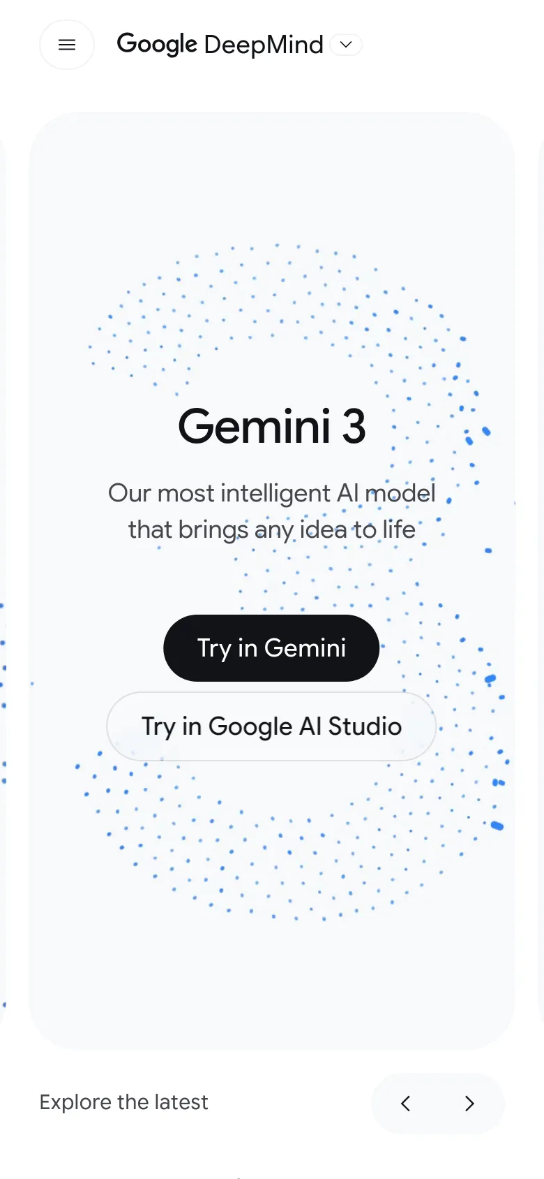 The mobile version presents a vertically stacked layout with the same minimalist aesthetic and blue stippled pattern. The headline and subheadline are centered, followed by two large, full-width buttons for 'Try in Gemini' and 'Try in Google AI Studio.' The navigation menu is condensed into a hamburger icon at the top left.