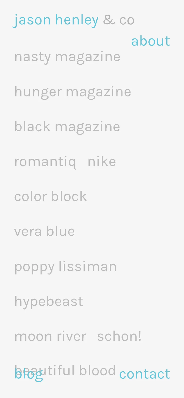 The mobile version rearranges the content into a single vertical column. The portrait image is centered at the top, followed by the brand name 'jason henley & co' and a vertical list of client names. The navigation links 'about', 'blog', and 'contact' are integrated into the flow of the text rather than being placed in the corners.