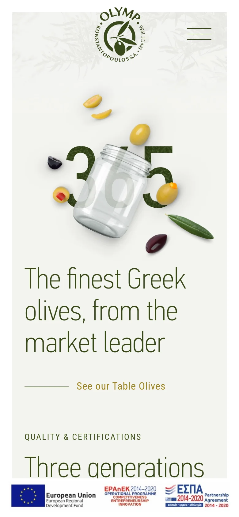 The mobile version uses a vertical layout with the hero imagery and '365' graphic positioned at the top, followed by the main headline and 'See our Table Olives' link. The navigation is condensed into a hamburger menu icon at the top right, and the partnership logos are stacked at the bottom of the screen.