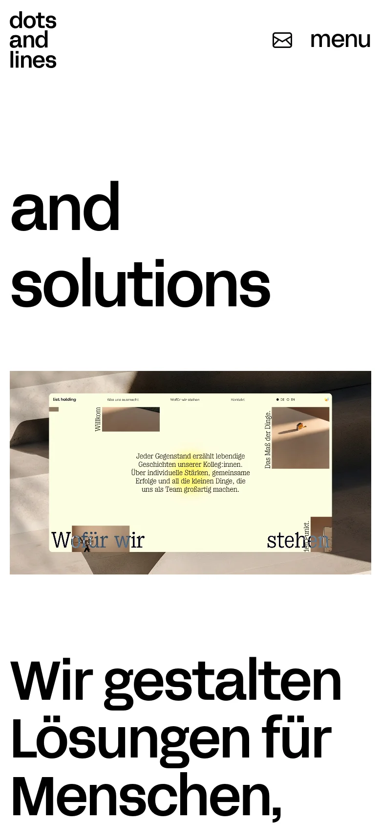 dots and lines mobile homepage with a stacked layout. Large, bold typography dominates the screen, featuring a simplified navigation menu and a vertical arrangement of service descriptions and client logos.