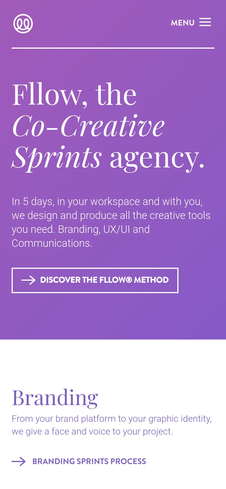 The mobile version uses a purple background for the hero section with the same large serif headline and call-to-action button. The top navigation is simplified, replacing the text links with a 'MENU' label and a hamburger icon on the right, while the logo remains on the left. The content is stacked vertically to fit the narrow screen width.