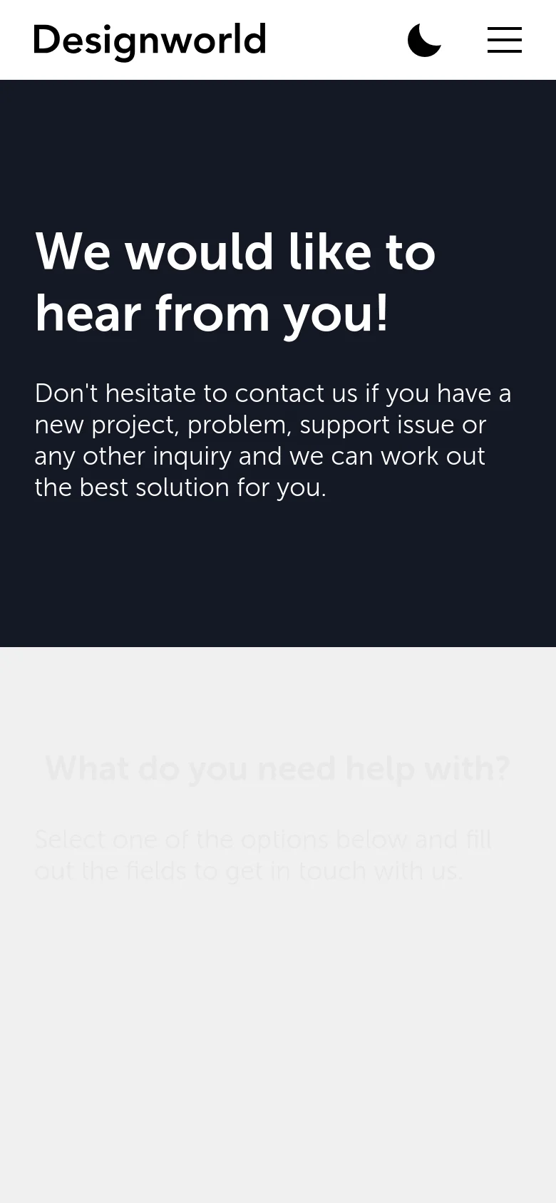 The mobile version shows a simplified layout with the Designworld logo on the left and a hamburger menu icon on the right in the white header. The dark hero section remains prominent, featuring the same large white headline and introductory text centered on the screen.