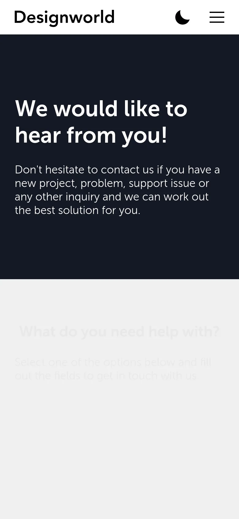 The mobile version shows a simplified layout with the Designworld logo on the left and a hamburger menu icon on the right in the white header. The dark hero section remains prominent, featuring the same large white headline and introductory text centered on the screen.