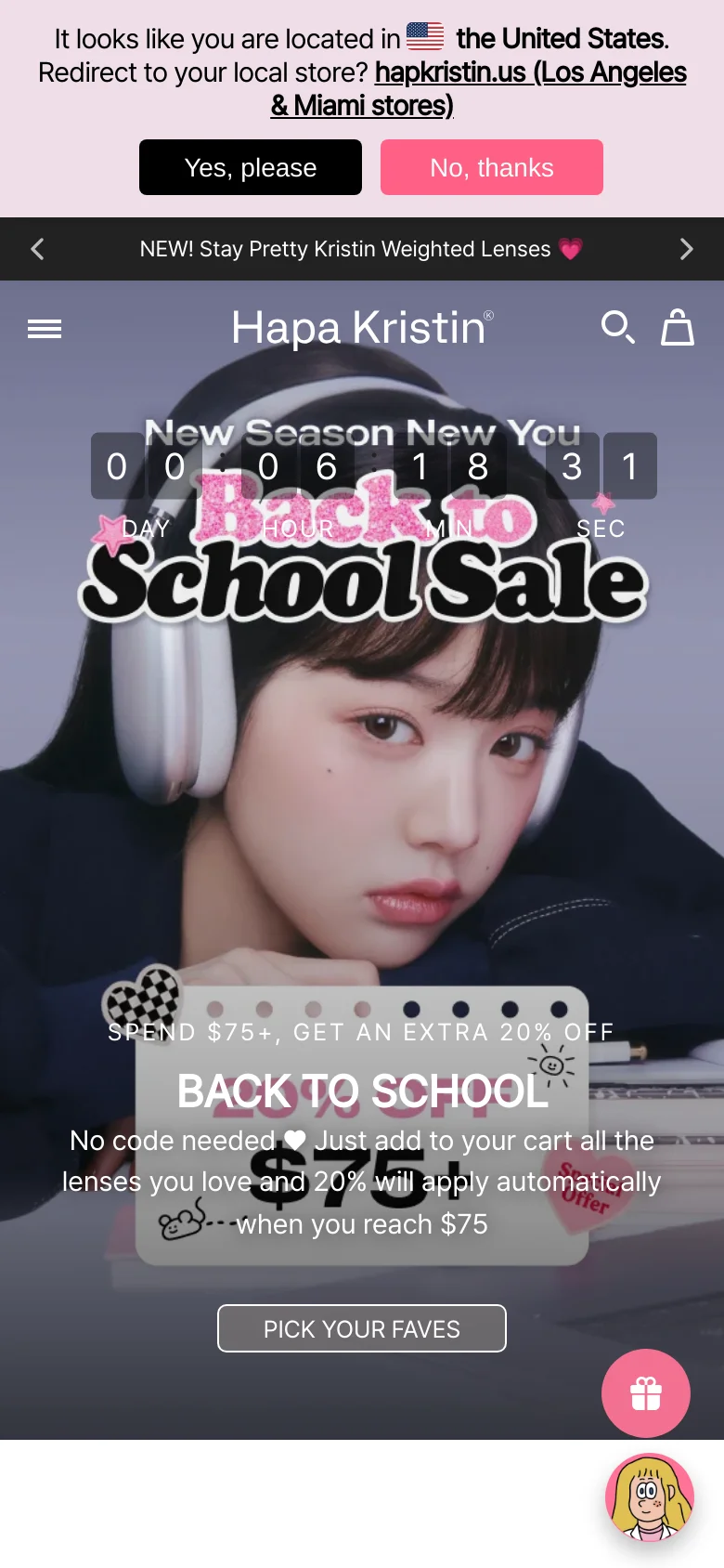 The mobile version presents a vertically stacked layout with the 'Back to School Sale' hero image and countdown timer at the top. The promotional text and 'Pick your faves' button are centered below the image, and the navigation is condensed into a hamburger menu and search icon. A floating gift icon and customer service avatar appear in the bottom right corner.