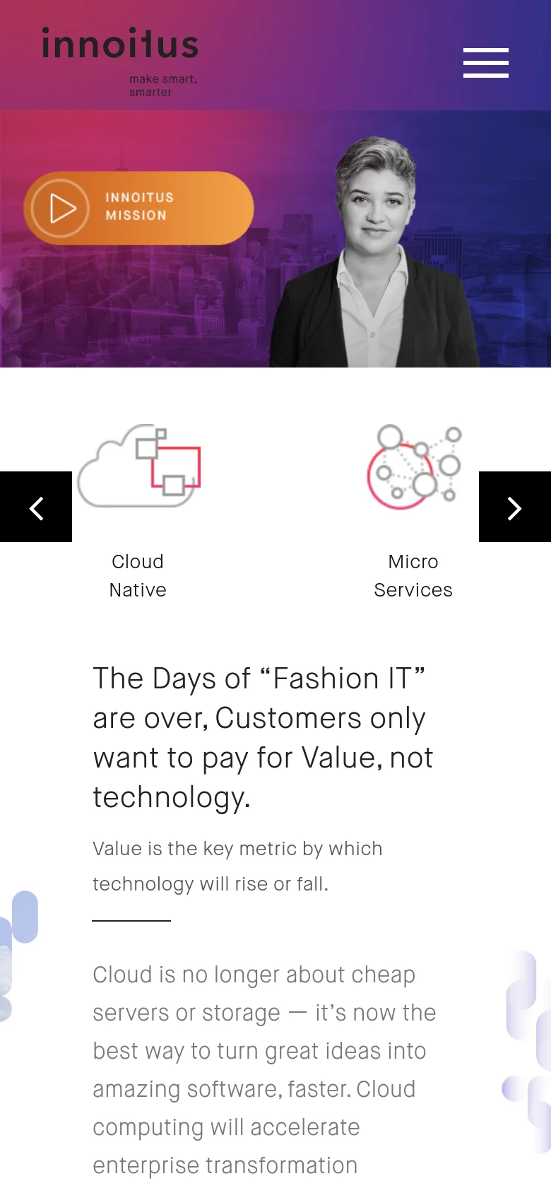 Mobile version of the homepage with a condensed layout. The top features a hamburger menu icon and the Innoitus logo over a purple gradient background. The hero section shows the woman's portrait and the orange 'Innoitus Mission' button, followed by a horizontal scrolling carousel of service icons and text.