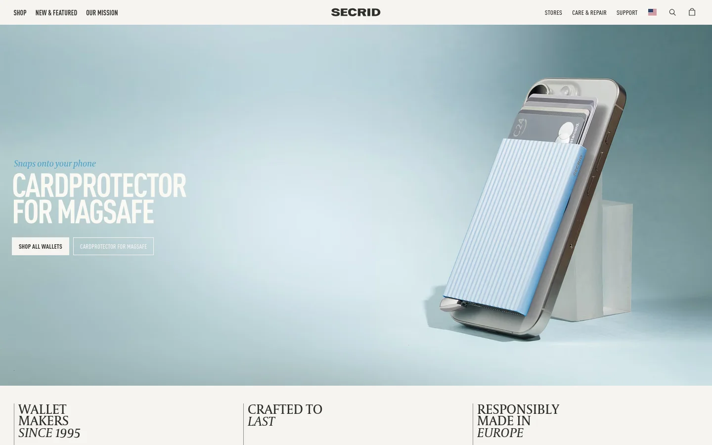 The desktop homepage features a light blue hero section with a large image of a smartphone with a blue striped Cardprotector attached via MagSafe. A large headline reads 'CARDPROTECTOR FOR MAGSAFE' with two call-to-action buttons below it. Below the hero, three vertical columns introduce the brand's history, quality, and European manufacturing.