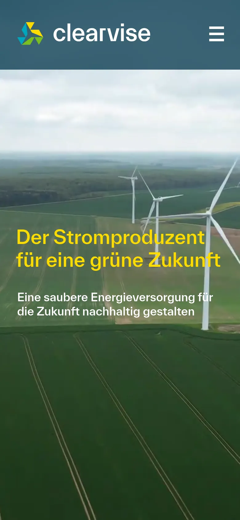 The mobile version uses a full-width hero image of wind turbines in a green field with a large yellow headline overlaid. The header is simplified to a dark teal bar containing the logo and a hamburger menu icon.