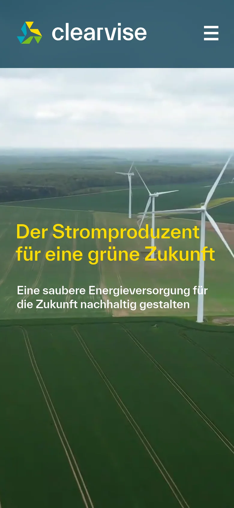 The mobile version uses a full-width hero image of wind turbines in a green field with a large yellow headline overlaid. The header is simplified to a dark teal bar containing the logo and a hamburger menu icon.