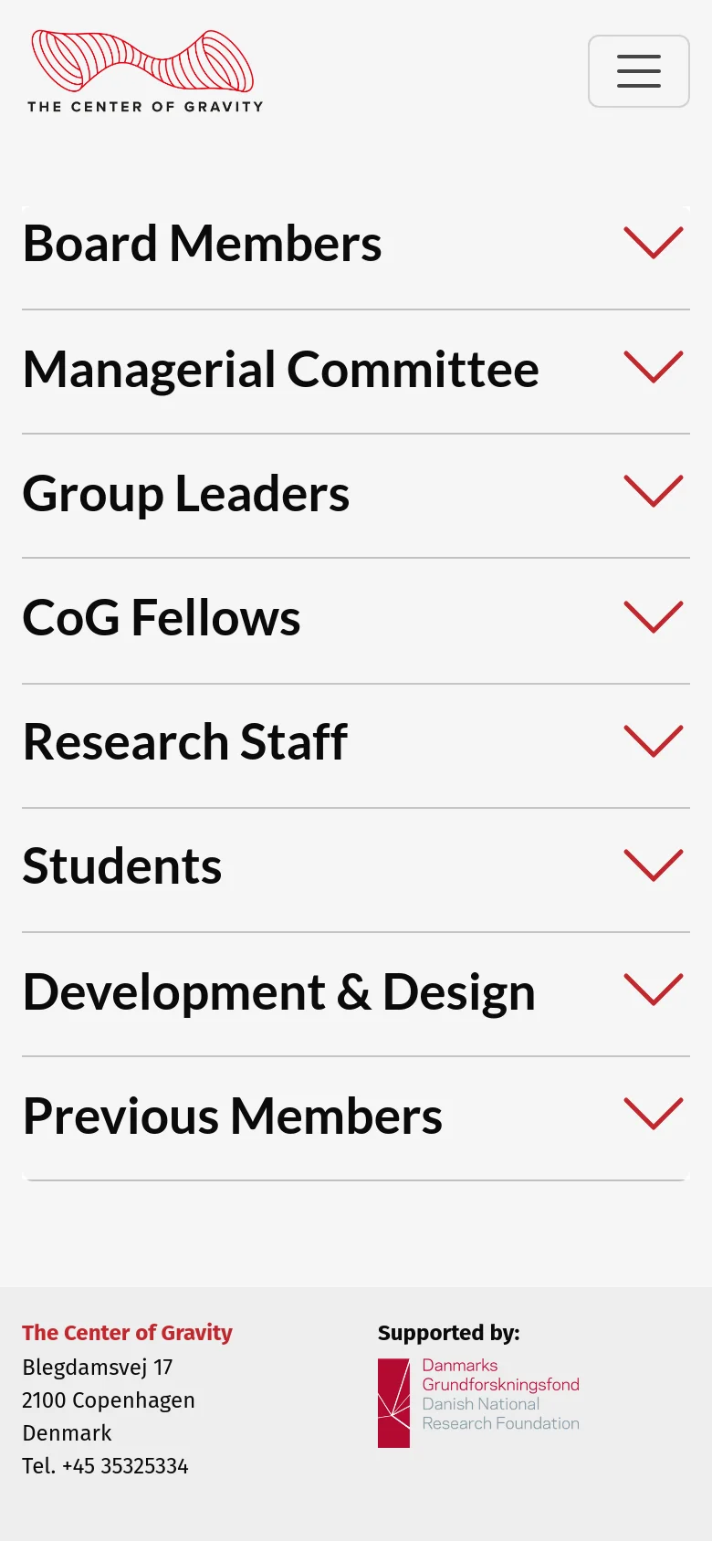 The mobile version shows a simplified layout with a hamburger menu icon in the top right and the red logo centered. The team categories are displayed as full-width accordion sections with large text and red arrows, stacked vertically. The footer remains at the bottom with contact details and the supporting foundation logo.
