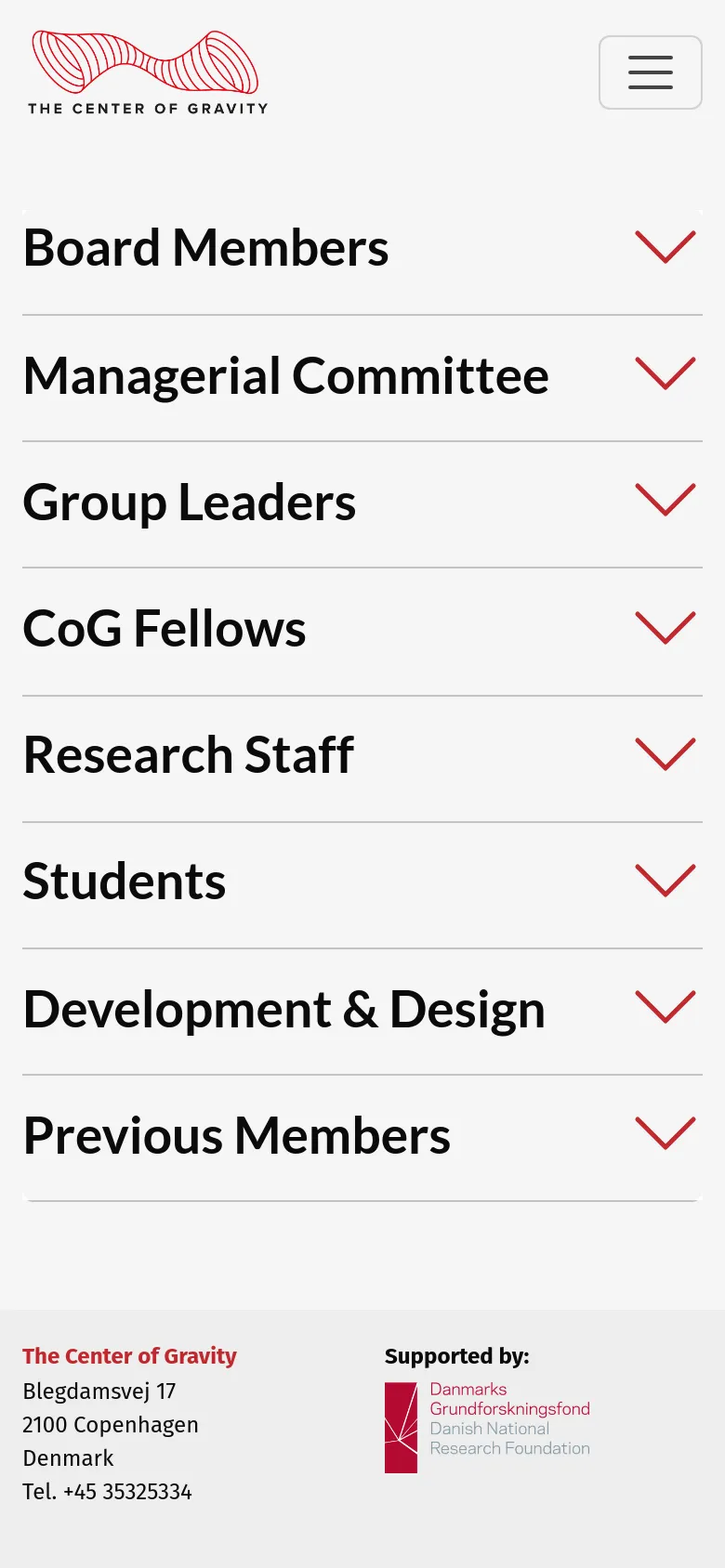 The mobile version shows a simplified layout with a hamburger menu icon in the top right and the red logo centered. The team categories are displayed as full-width accordion sections with large text and red arrows, stacked vertically. The footer remains at the bottom with contact details and the supporting foundation logo.