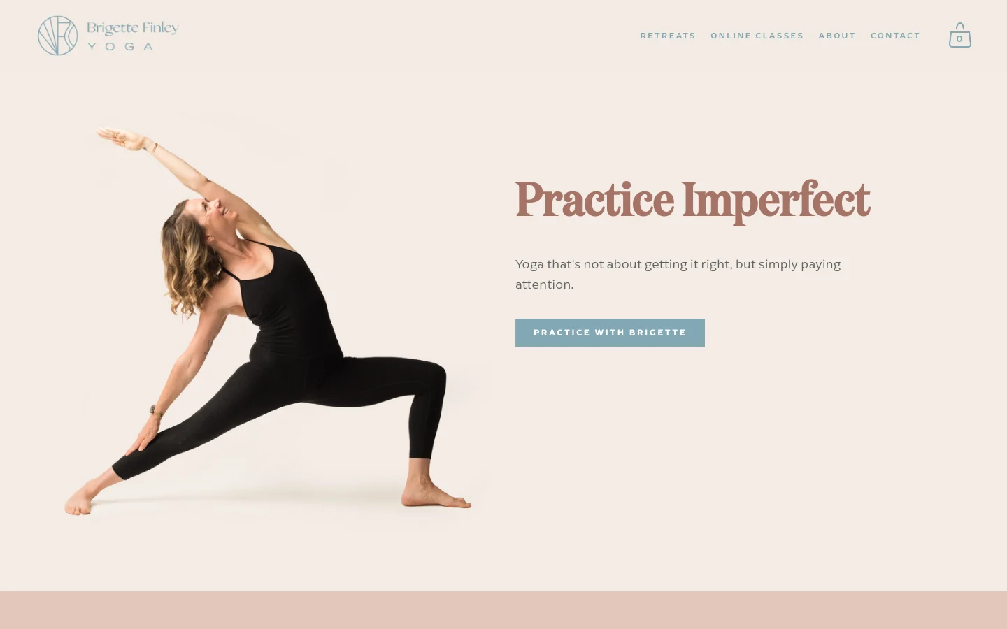 The desktop homepage features a minimalist design with a cream background. A large hero image on the left shows a woman in black yoga attire performing a reverse warrior pose, while the right side contains the headline 'Practice Imperfect', a brief description, and a blue 'Practice with Brigette' button. A navigation menu with links for Retreats, Online Classes, About, and Contact sits at the top right.