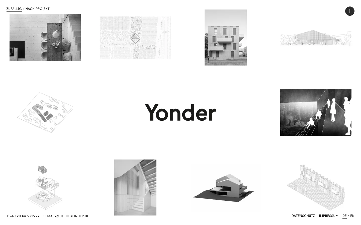 The desktop homepage features a minimalist grid layout of black and white architectural photographs, sketches, and floor plans. The large 'Yonder' logo is centered in the middle of the grid, flanked by various project images. Navigation links for 'ZUFÄLLIG / NACH PROJEKT' appear at the top left, and contact/legal information is at the bottom.