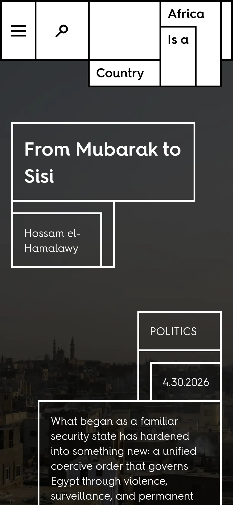 The mobile version maintains the dark, high-contrast aesthetic but uses a stacked, vertical layout to accommodate the smaller screen. The navigation is condensed into a hamburger menu and a search icon, while the hero headline and text boxes are resized to span the width of the device.