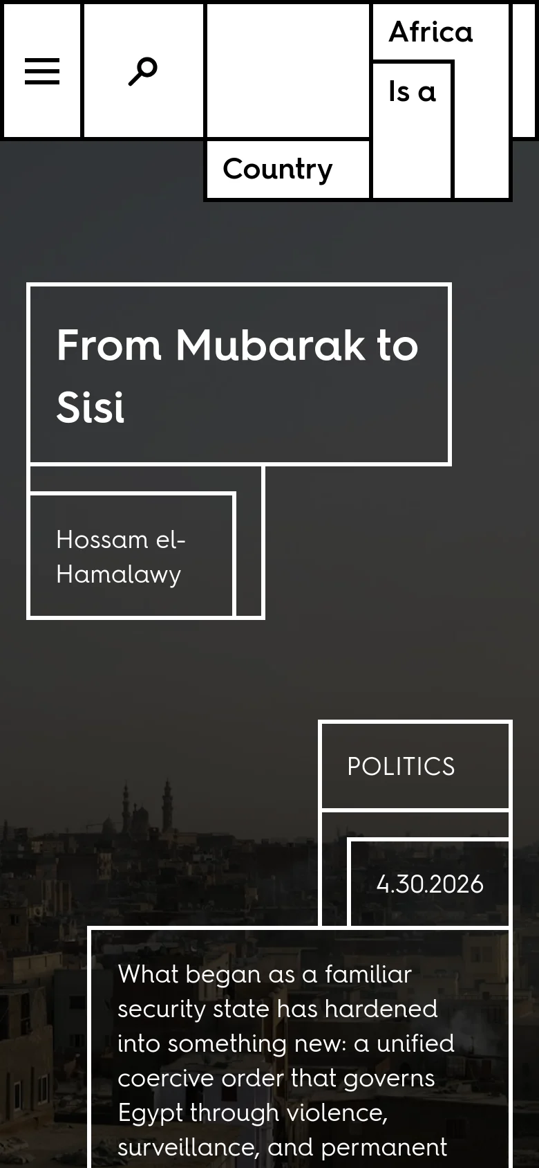The mobile version maintains the dark, high-contrast aesthetic but uses a stacked, vertical layout to accommodate the smaller screen. The navigation is condensed into a hamburger menu and a search icon, while the hero headline and text boxes are resized to span the width of the device.