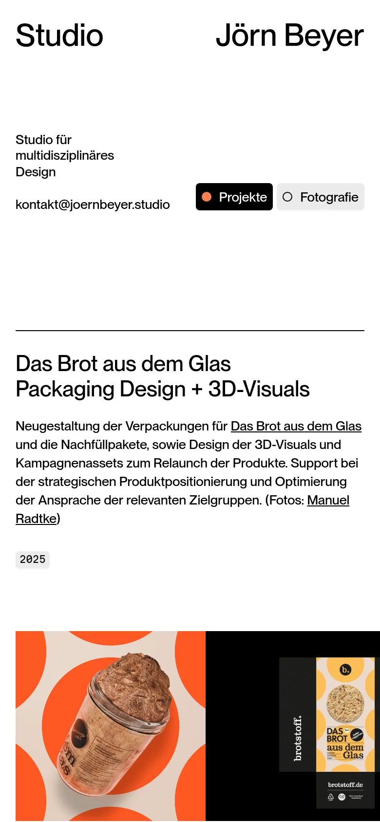 The mobile version maintains the minimalist aesthetic but uses a stacked layout. The header and navigation links are centered or rearranged for vertical scrolling, and the project description and large imagery are scaled to fit the narrower screen width.