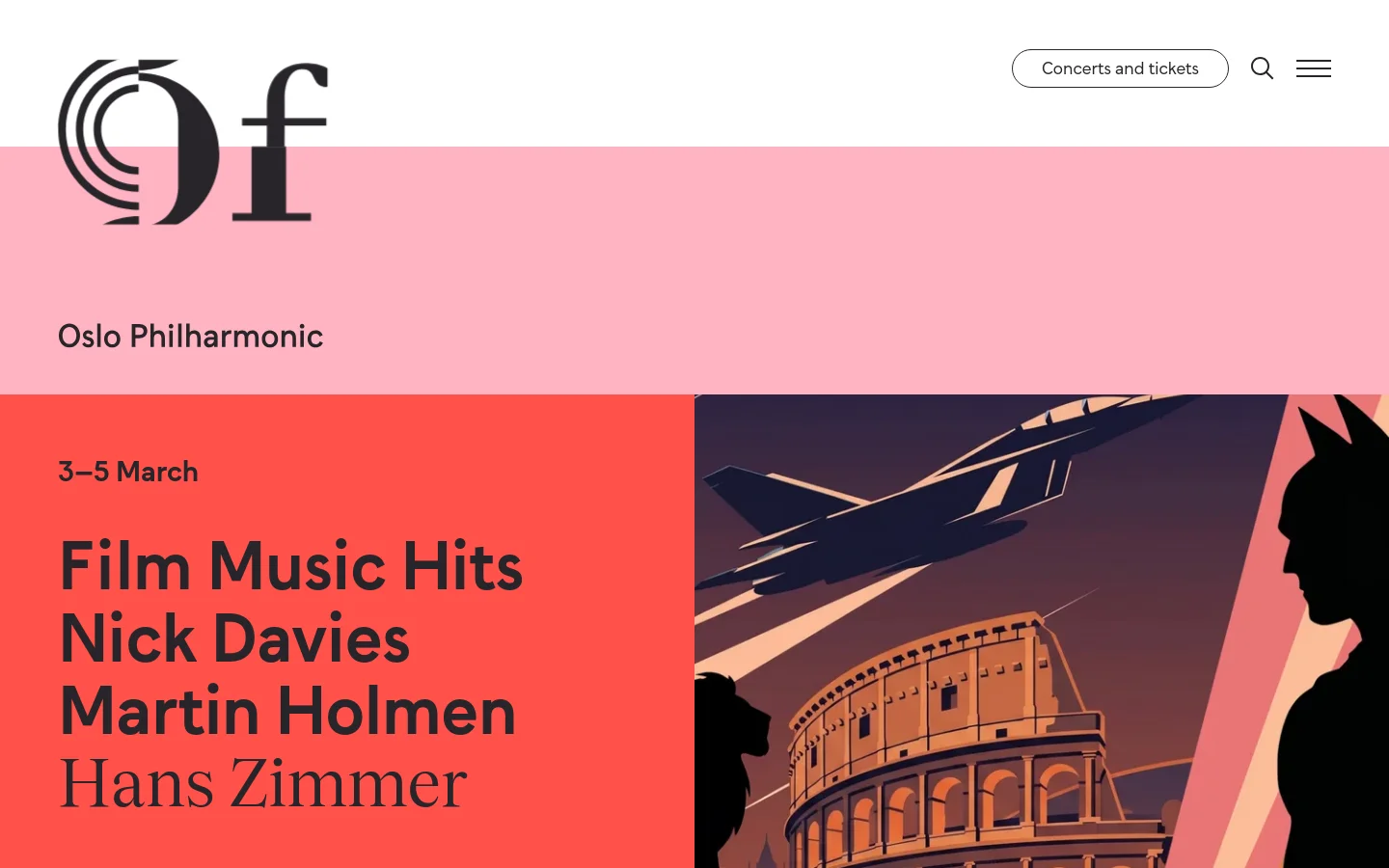 The Oslo Philharmonic homepage features a large hero section with a pink background and a stylized black logo. A prominent red and dark graphic displays film music themes with silhouettes of a jet, the Colosseum, and Batman, alongside text for 'Film Music Hits' and a 'Buy ticket' call to action. The layout includes a navigation bar with a search icon and a menu button.