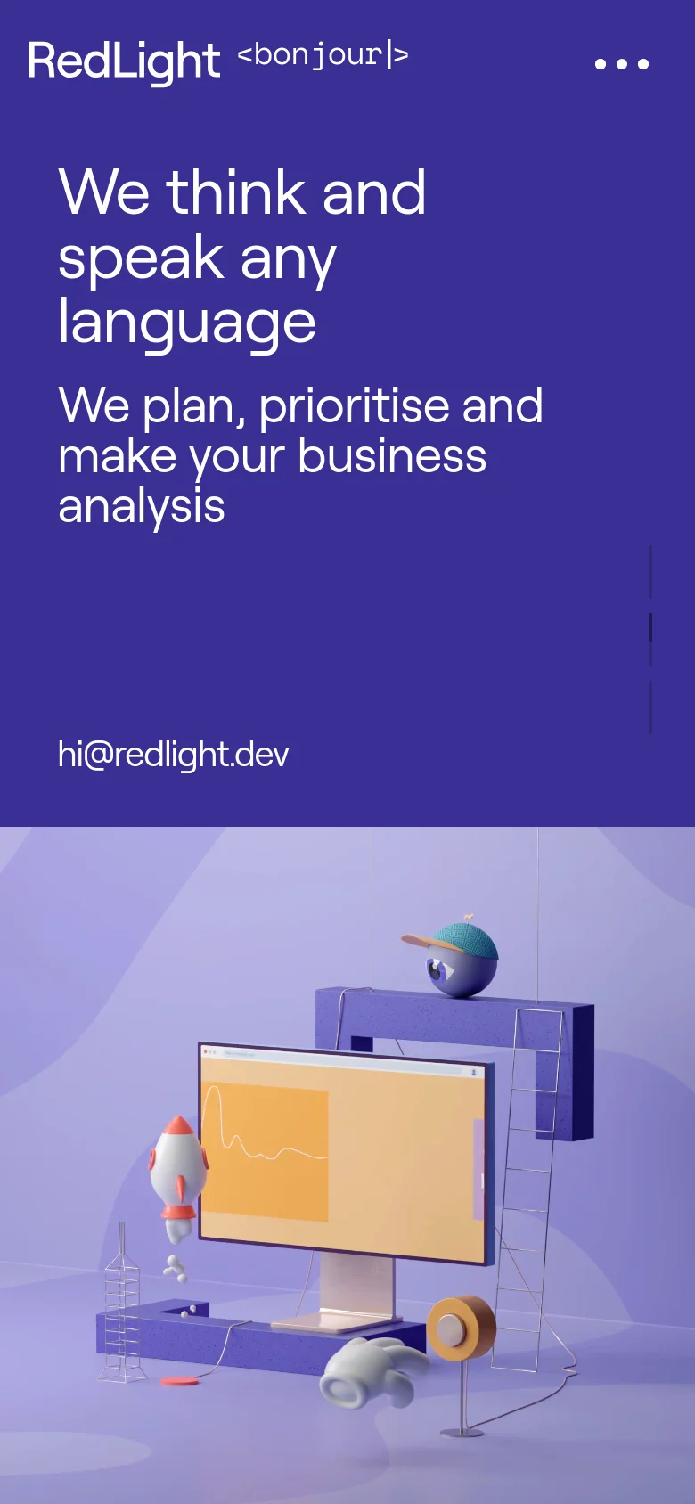 The mobile version uses a single-column vertical layout with a dark purple background. The headline and subheadline are stacked at the top, followed by the email link, and then the 3D whimsical illustration occupies the bottom half of the screen. A hamburger menu icon is visible in the top right corner.