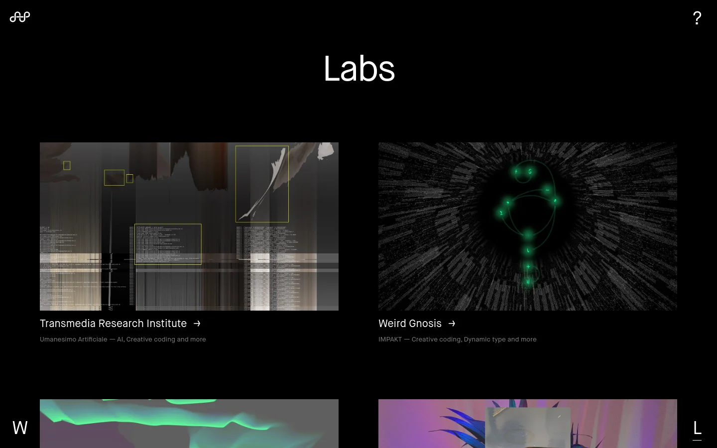 The Labs page features a minimalist black background with a large white 'Labs' headline. Below, a grid of large project cards displays abstract imagery, project titles like 'Transmedia Research Institute' and 'Weird Gnosis' with arrow links, and descriptive tags in a small grey font.