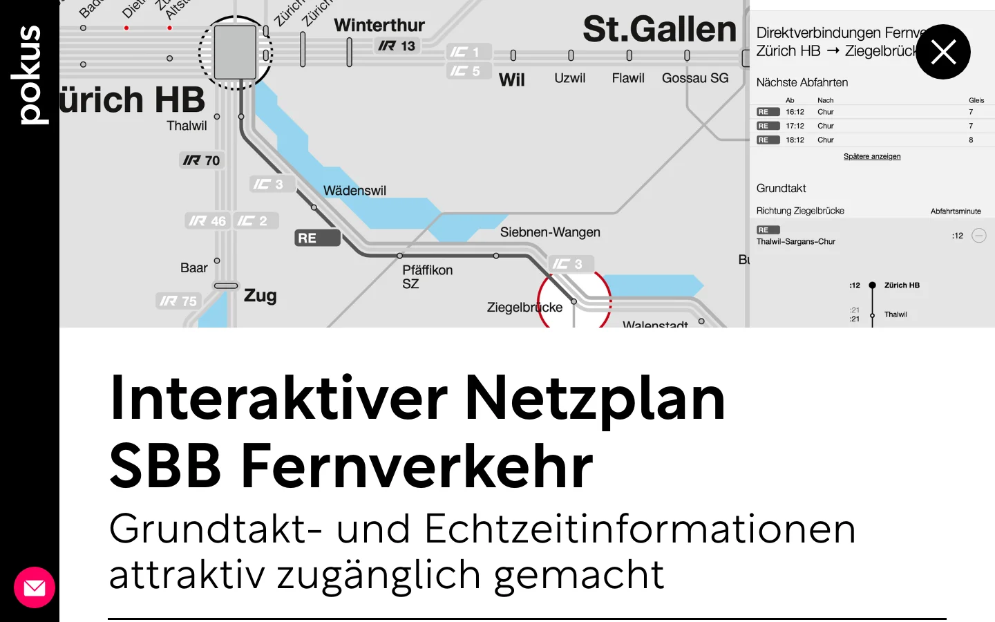 A project showcase page for an interactive SBB network map. The desktop layout features a large hero image of a stylized, colorful railway map with station names like Zürich HB and St. Gallen, followed by a large headline, client information, and a list of project themes. The design uses a clean white background with black typography and a dark sidebar on the left.