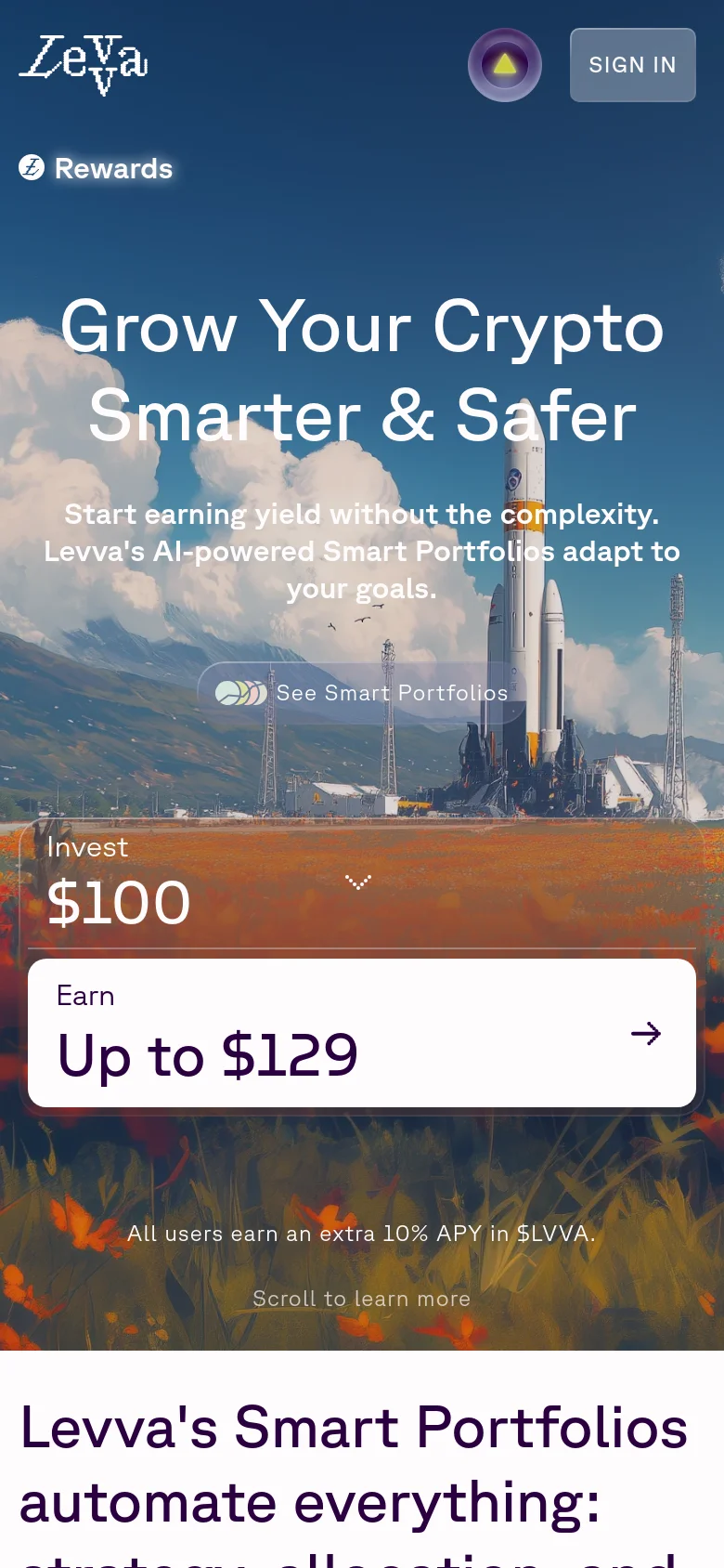 The mobile version presents a vertically stacked layout with the hero text and background imagery scaled for a narrow screen. The investment calculator elements are enlarged for touch interaction, and the top navigation is simplified with the logo, Rewards, and Sign In button positioned prominently at the top.