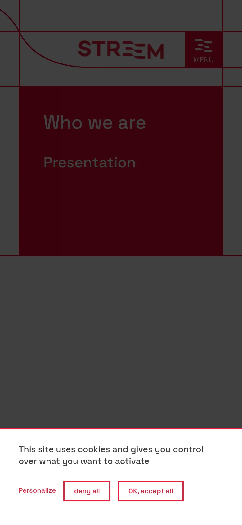 The mobile version maintains the dark red hero header with 'Who we are' and 'Presentation', but the layout is vertically stacked for a narrow screen. The navigation menu is condensed into a hamburger icon in the top right, and the text content flows in a single column. The cookie consent banner occupies the full width of the bottom of the screen.