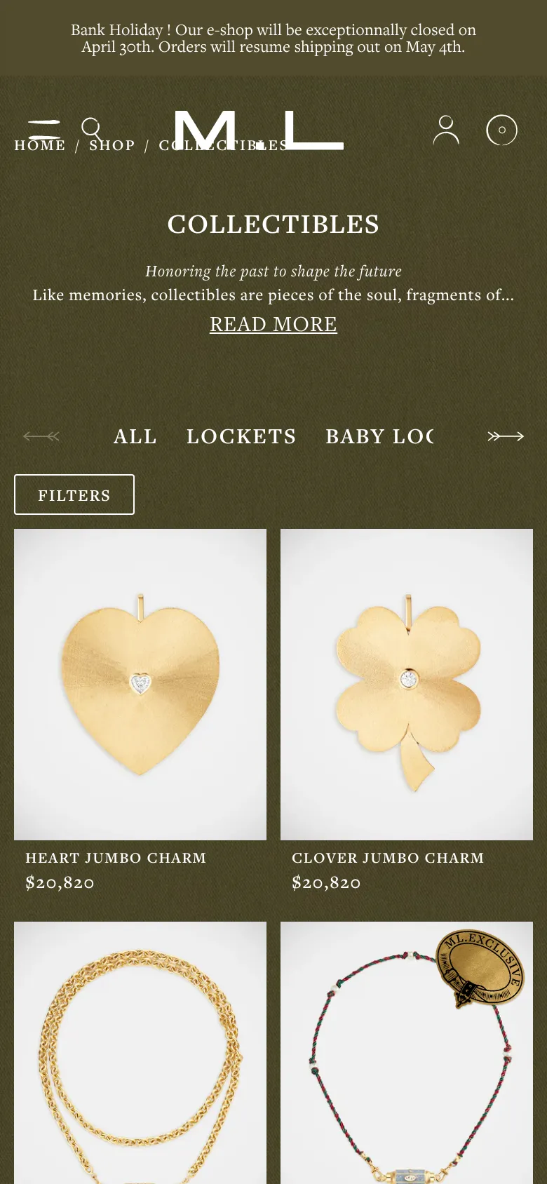 The mobile version maintains the dark olive green theme and centered white typography but uses a more condensed layout. The category navigation is presented as a scrollable horizontal list with arrows, and the product grid shifts to a two-column view to fit the narrower screen. The header is simplified, featuring a hamburger menu, search icon, and brand logo prominently at the top.