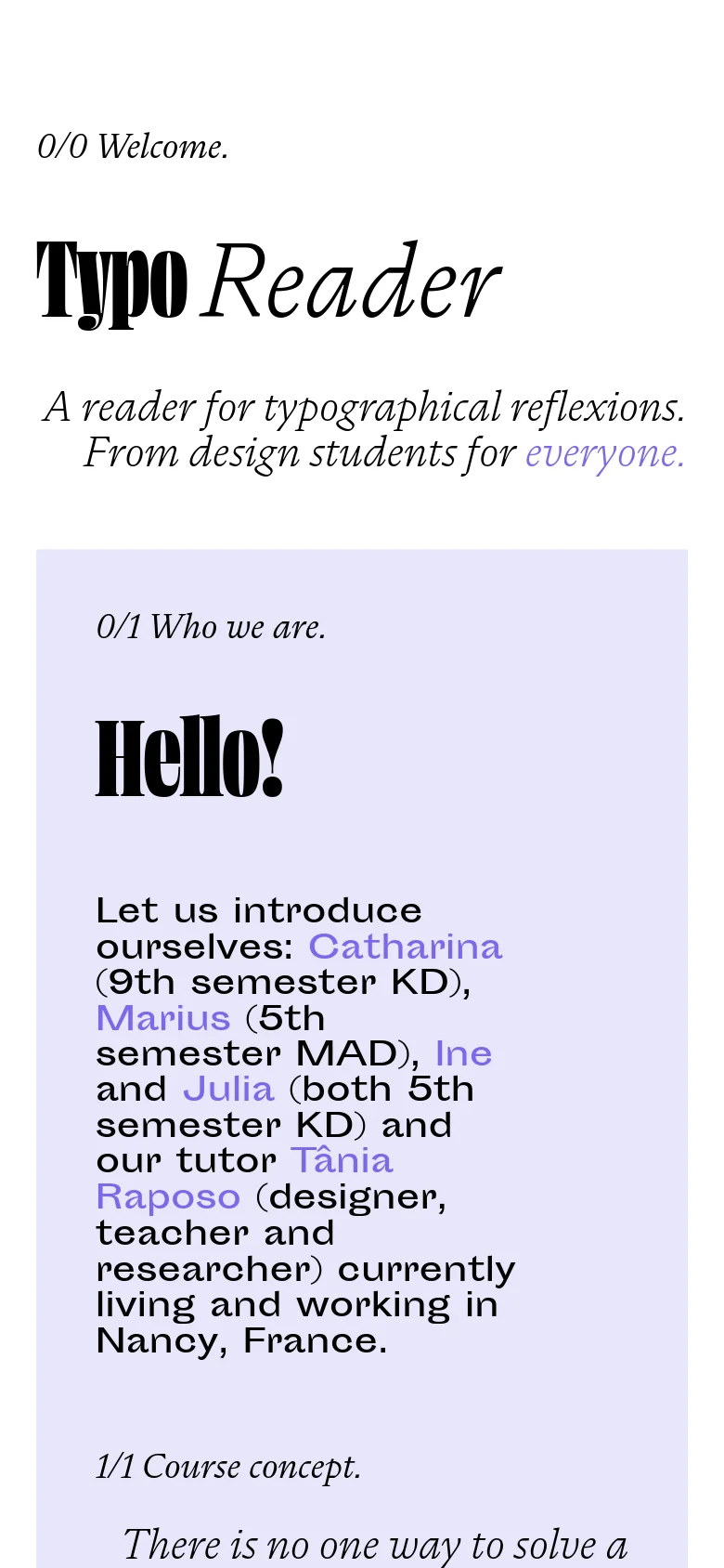 The mobile version maintains the minimalist white and lavender color scheme but adapts the layout for a narrow screen. The large 'Typo Reader' headline and subtext are centered or tightly stacked to fit the viewport, and the text size is optimized for readability on a smaller device.