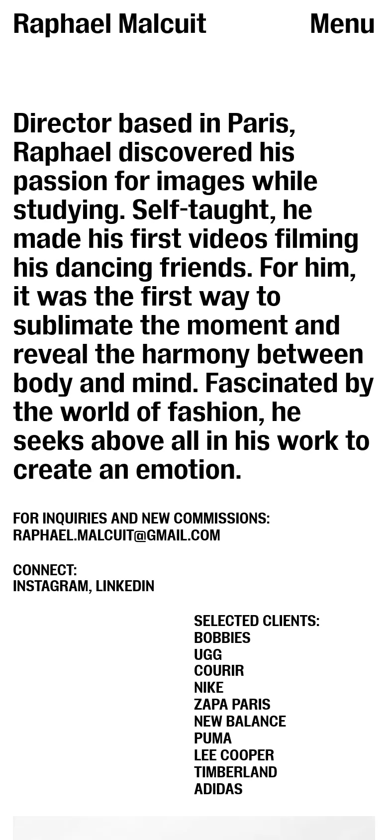 The mobile version presents a single-column vertical layout with large, bold black typography on a white background. The biographical text dominates the top of the screen, followed by contact details, social links, and a list of clients stacked vertically. The header is simplified to a 'Menu' button, and the portrait image is removed from the immediate view.