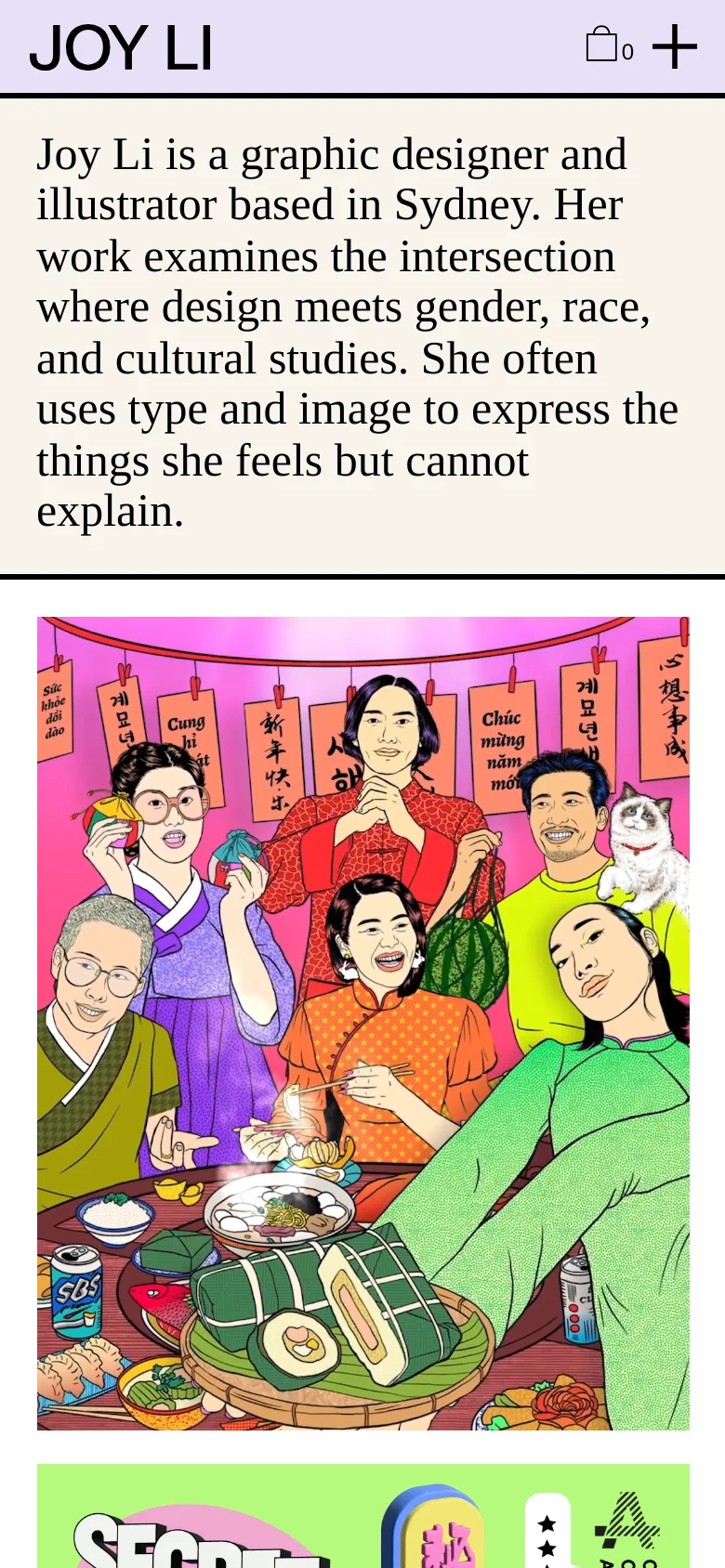 The mobile version presents a vertically stacked layout with the 'JOY LI' logo and navigation icons at the top. The introductory text is prominently displayed in a large serif font, followed by a single-column scrollable grid of large, vibrant project images. The color palette remains consistent with light lavender accents and bright, saturated colors within the artwork tiles.