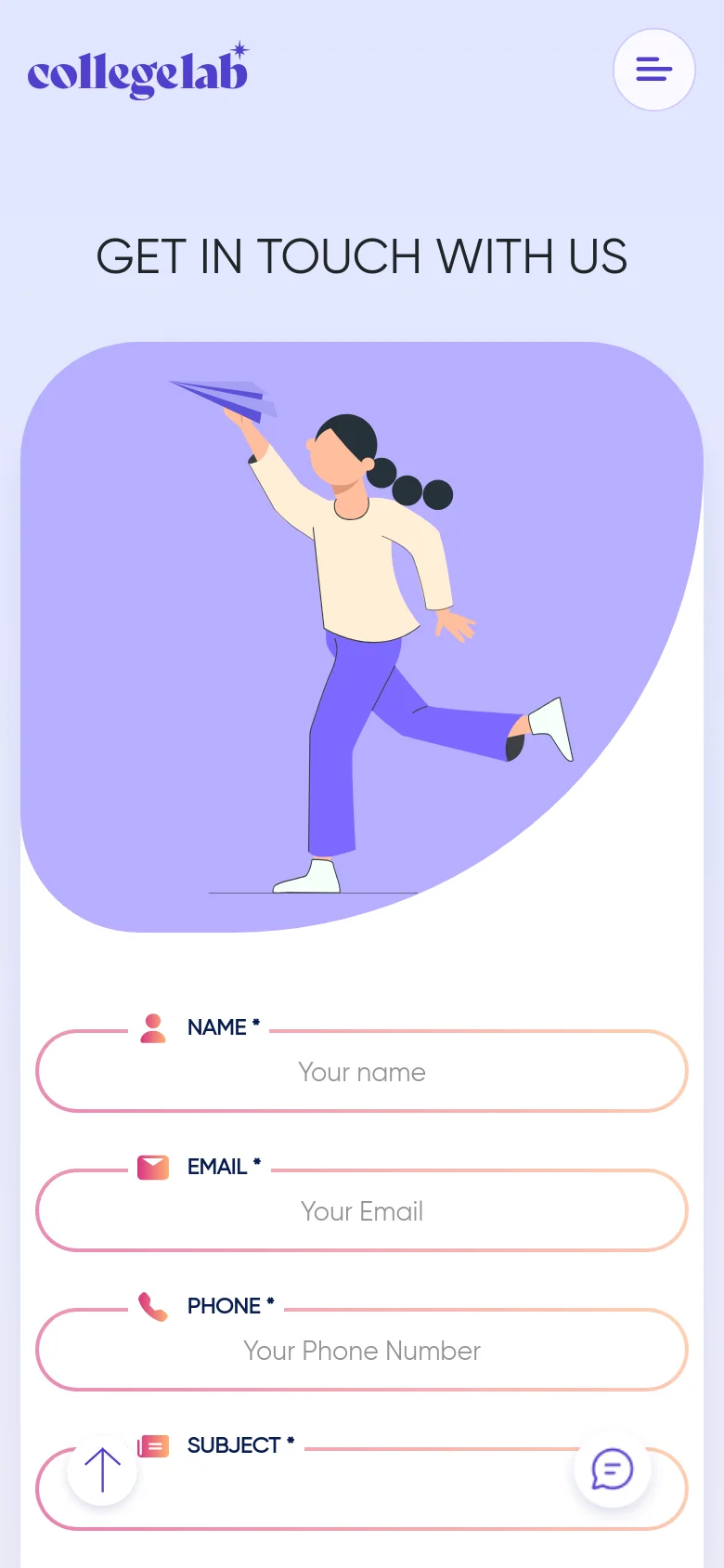 The mobile version simplifies the layout into a single vertical column. The hero illustration of the person with a paper plane appears first, followed by the contact form fields and the 'SEND MESSAGE' button stacked vertically. A hamburger menu icon is present in the top right, and floating action buttons for navigation and chat appear at the bottom.