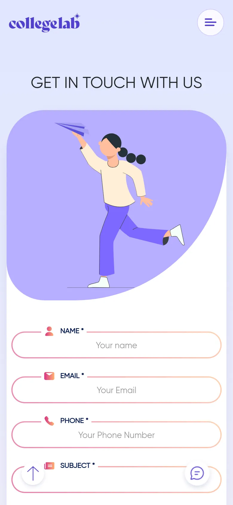 The mobile version simplifies the layout into a single vertical column. The hero illustration of the person with a paper plane appears first, followed by the contact form fields and the 'SEND MESSAGE' button stacked vertically. A hamburger menu icon is present in the top right, and floating action buttons for navigation and chat appear at the bottom.
