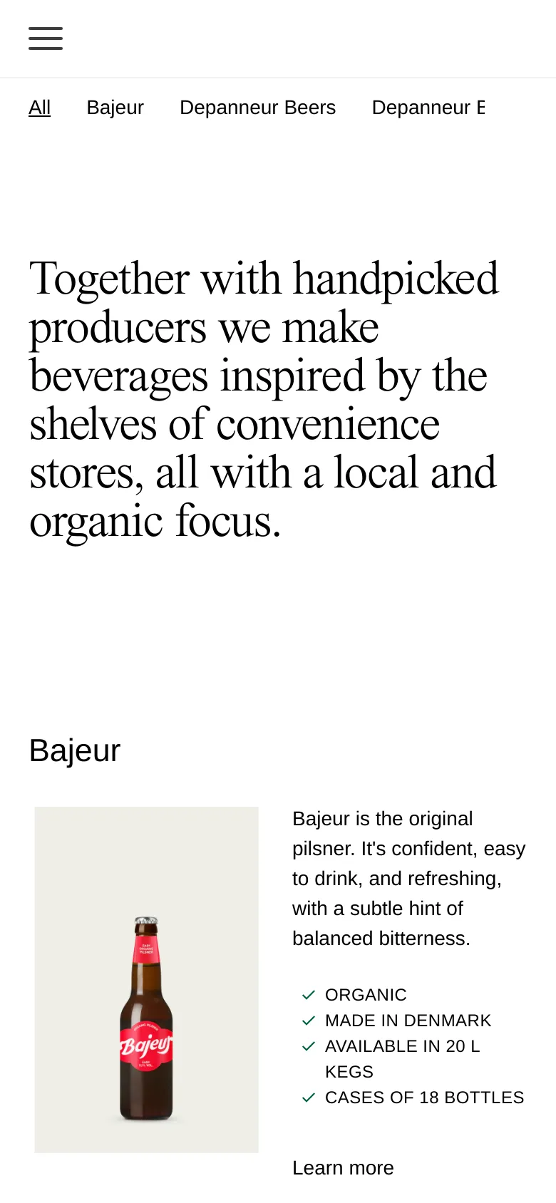 The mobile version uses a vertical layout with a hamburger menu icon at the top left. The large hero headline is stacked centrally, and product images like the Bajeur bottle are displayed in a single-column format with text and bullet points positioned below the imagery.