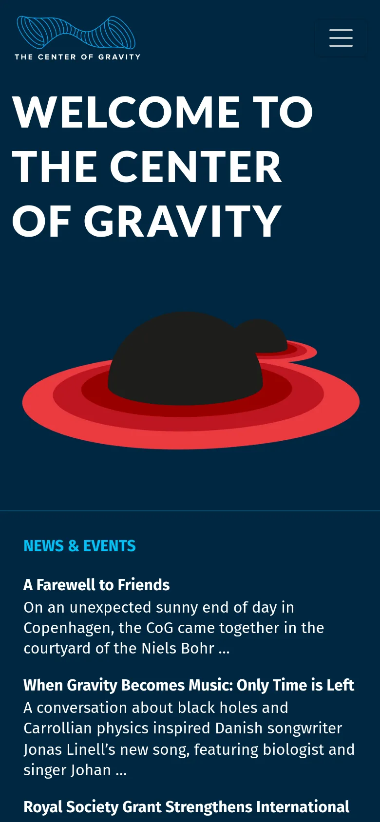 The mobile version presents a vertically stacked layout on a dark blue background. The large white headline 'WELCOME TO THE CENTER OF GRAVITY' dominates the top, followed by the red and black circular illustration, with the News & Events section appearing below in a single-column scrollable format.