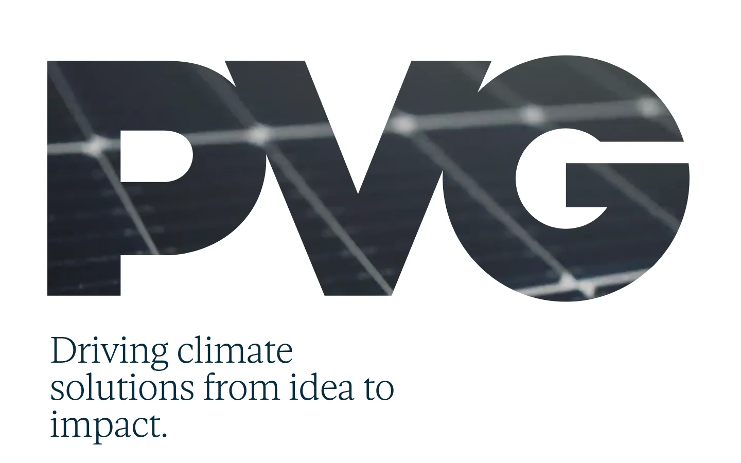 The desktop homepage features a large hero section with the letters 'PVG' overlaid on a dark image of solar panels. Below the logo, the headline reads 'Driving climate solutions from idea to impact' in a dark serif font against a clean white background.