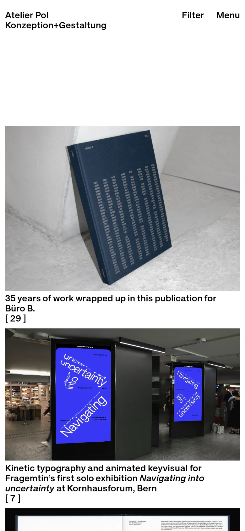 The mobile version maintains the minimalist white and black aesthetic but uses a simplified layout. The navigation is condensed into a 'Filter' and 'Menu' option at the top, and the project showcase images are scaled to fit the narrow screen width, appearing as a single vertical column of large images and text.