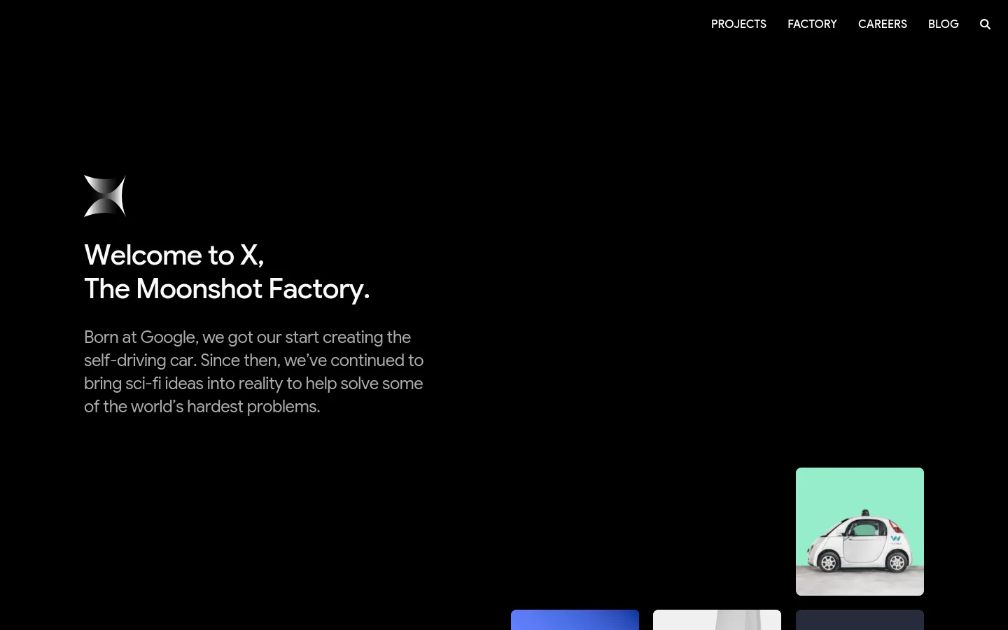 The desktop homepage features a dark theme with a large white headline, 'Welcome to X, The Moonshot Factory,' and a brief introductory paragraph. A navigation menu with links for Projects, Factory, Careers, and Blog is at the top right, while a grid of colorful project tiles, including a self-driving car, appears below the text.