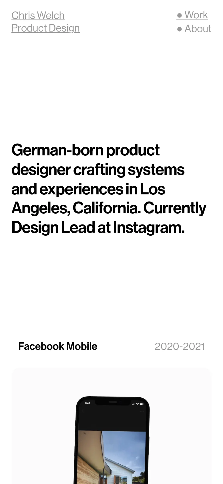 The mobile version features a single-column layout with a simplified header containing the name and navigation links stacked or condensed. The large, bold introductory headline dominates the top of the screen, followed by project entries like 'Facebook Mobile' which includes text and a centered image of a mobile phone.