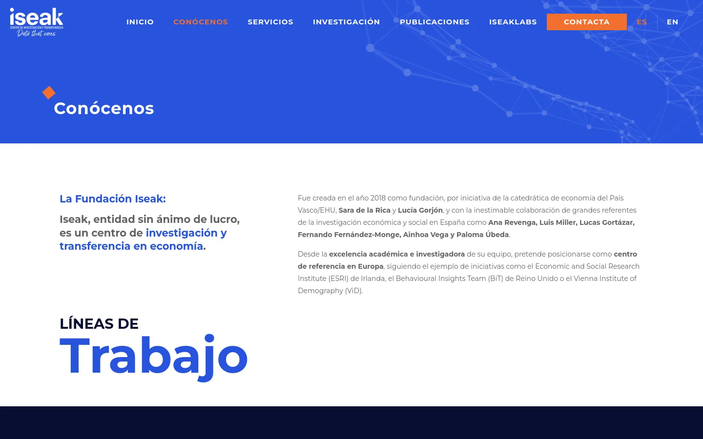 The desktop page features a blue hero section with a network graphic, the white logo 'iseak', and the headline 'Conócenos' next to an orange diamond. Below, a white content area contains a two-column layout with a bold blue and grey headline on the left and descriptive text on the right, followed by a large 'LÍNEAS DE Trabajo' heading.