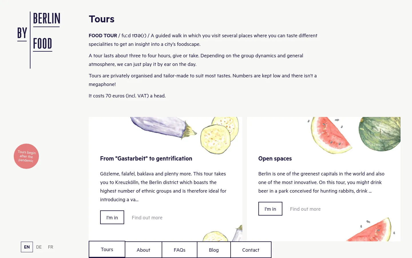 The desktop page features a clean, minimalist layout with a white background and black text. A large 'Tours' heading is followed by an introductory text about food tours, below which two tour cards are displayed side-by-side, each containing a colorful food illustration, a title, a description, and 'I'm in' and 'Find out more' buttons.