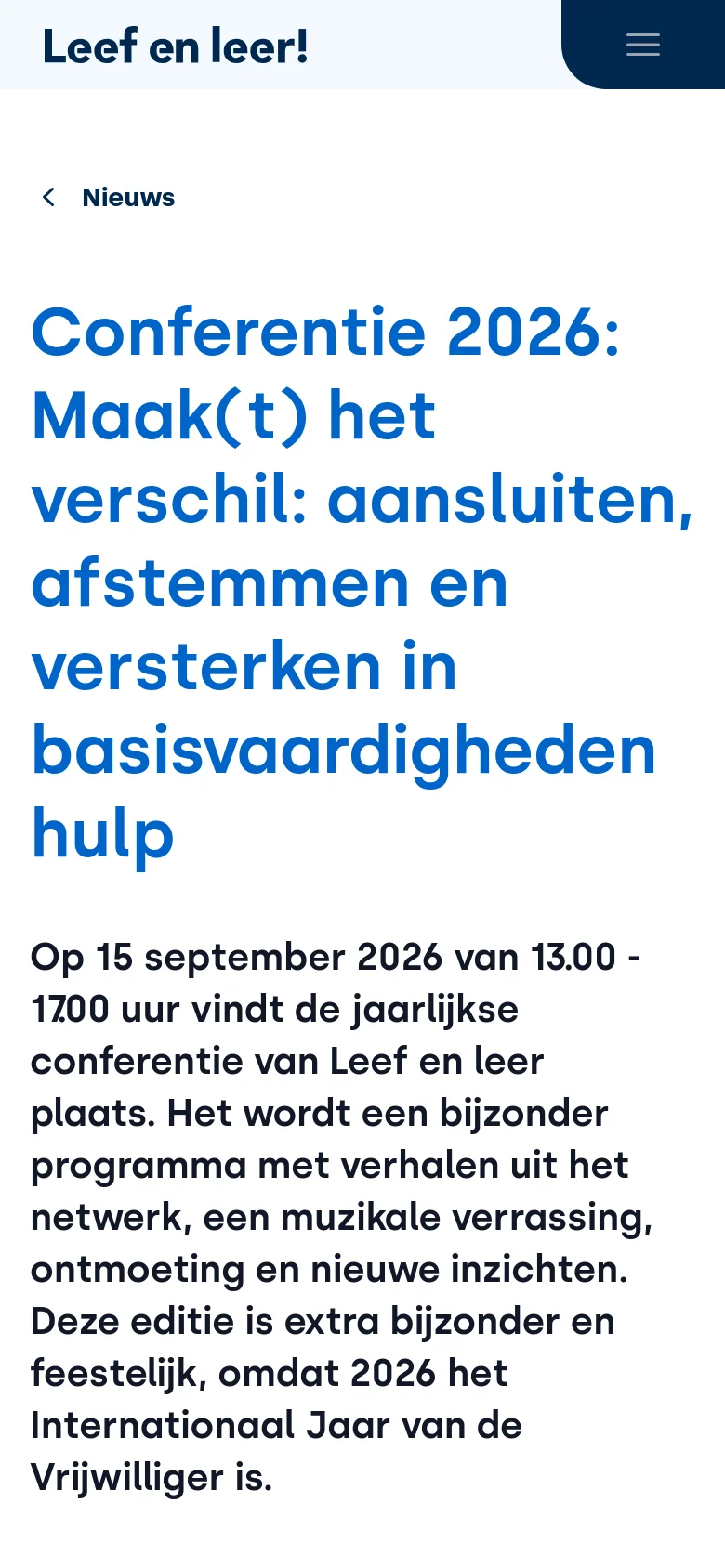 Mobile version of the page showing a simplified vertical layout. The large blue headline dominates the top of the screen, followed by the introductory text, with the navigation menu collapsed into a hamburger icon in the header.