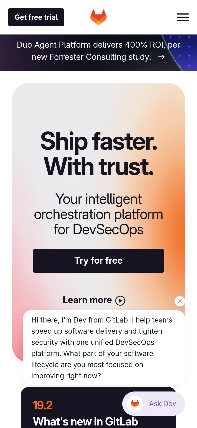 The mobile version presents a vertically stacked layout with the hero headline 'Ship faster. With trust.' and a prominent 'Try for free' button. A chat widget titled 'Ask Dev' appears in the bottom right corner, and the navigation is condensed into a hamburger menu.