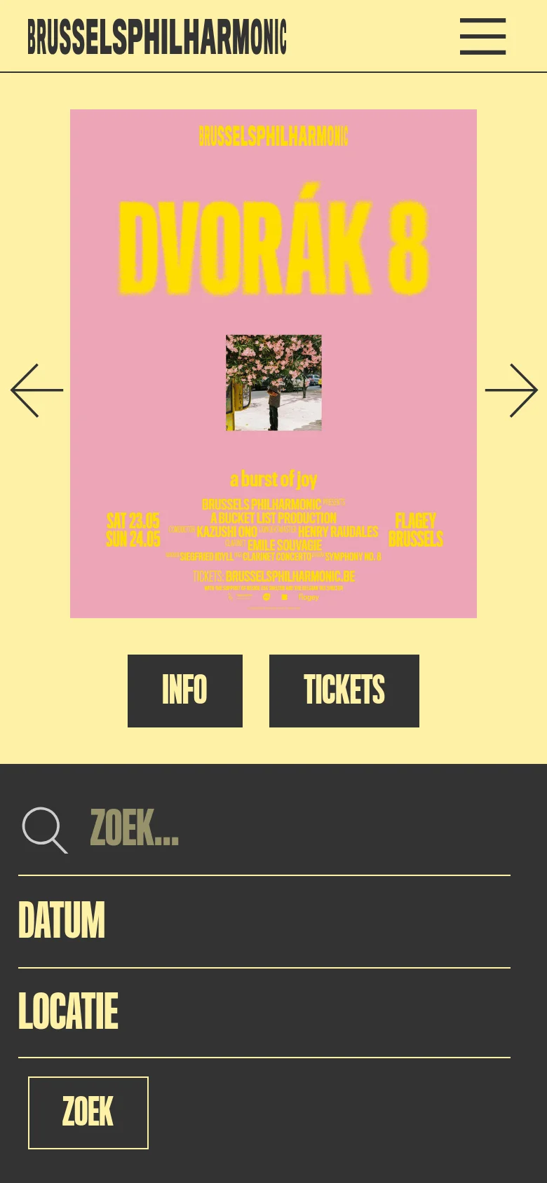 The mobile version simplifies the layout into a vertical stack, focusing on a large central concert poster for Dvorák 8 on a pale yellow background. The navigation menu is condensed into a hamburger icon at the top right, and the search, date, and location filters are stacked vertically at the bottom for easier scrolling.