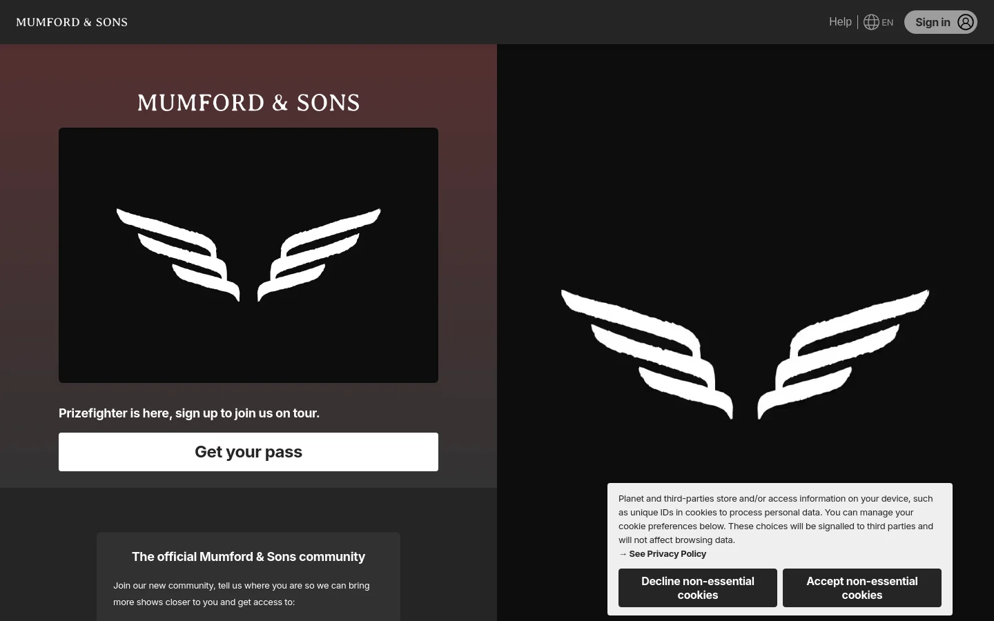 The desktop homepage features a split-screen design with a dark burgundy section on the left and a black section on the right. The left side displays the headline 'MUMFORD & SONS' above a black box containing a white wing icon, followed by the text 'Prizefighter is here, sign up to join us on tour' and a large white 'Get your pass' button. The right side shows a large, prominent white wing icon against a black background.
