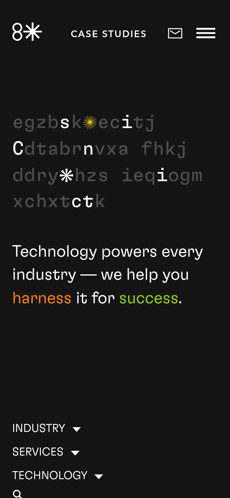 The mobile version maintains the dark theme and hero headline but uses a condensed layout. The navigation menu is tucked into a hamburger icon, and the filtering options for Industry, Services, and Technology are stacked vertically as full-width dropdown menus for easier touch interaction.