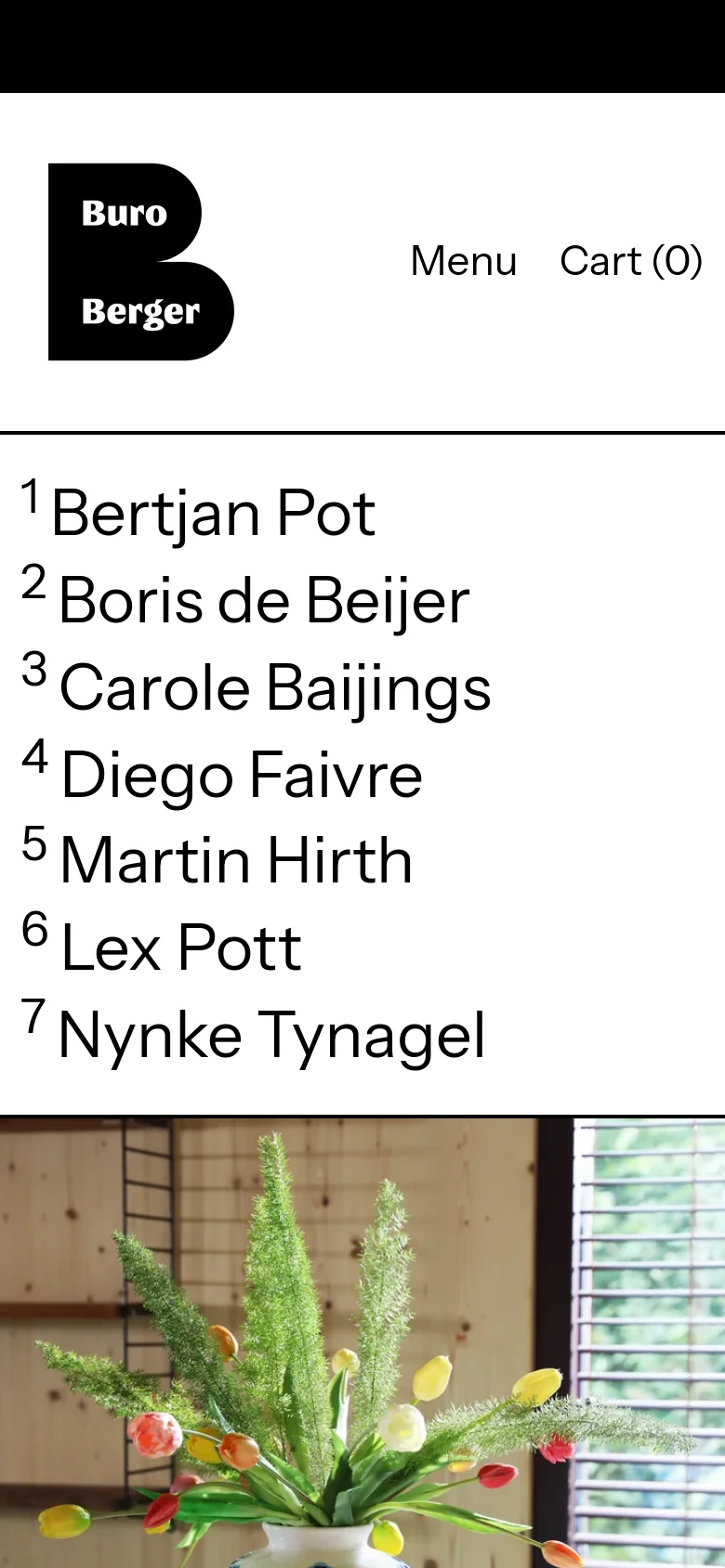 The mobile version simplifies the layout, replacing the top navigation bar with a 'Menu' text link and a 'Cart (0)' indicator next to the Buro Berger logo. The large designer list remains the central focus, but the text scales to fit the narrower screen width, maintaining the high-contrast black-on-white aesthetic.