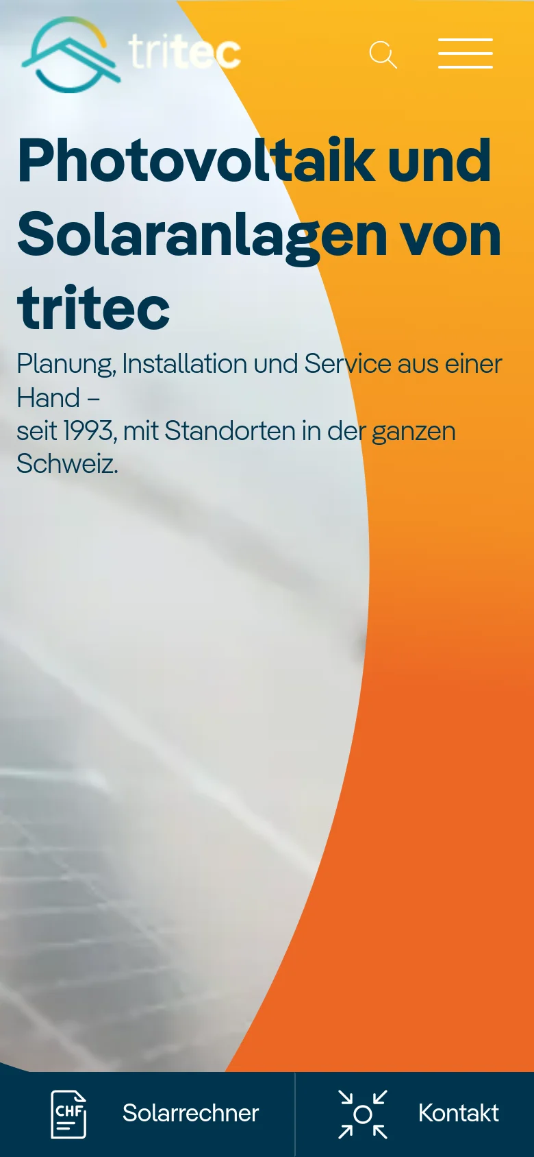 The mobile version presents a vertically stacked layout with the tritec logo, a search icon, and a hamburger menu at the top. The hero section displays the main headline and subheadline over a blurred solar panel background with a prominent orange curved element on the right. A fixed bottom navigation bar provides quick access to 'Solarrechner' and 'Kontakt'.