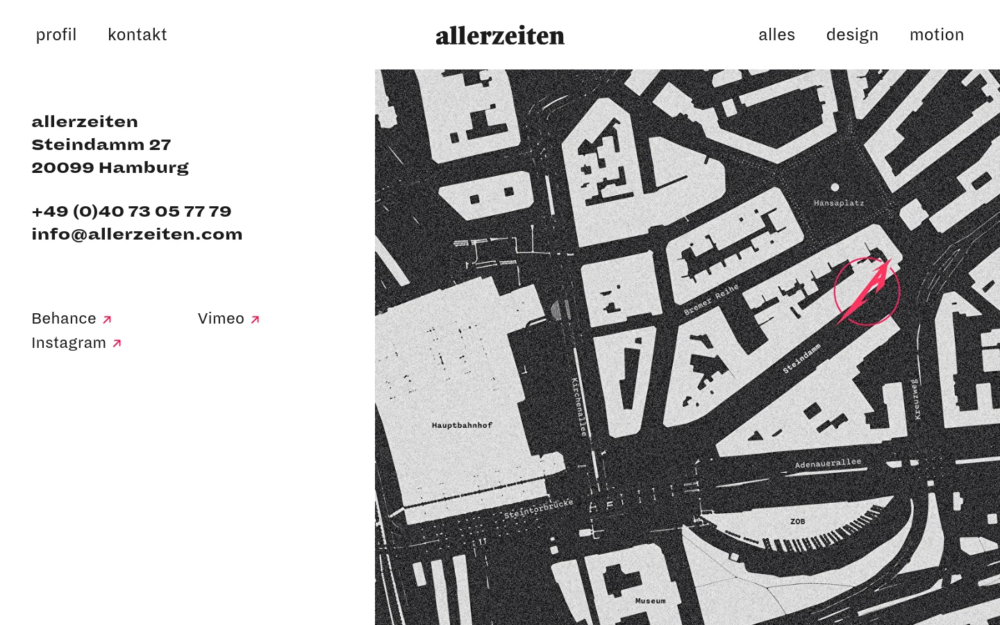 The desktop contact page features a minimalist white layout with the studio name 'allerzeiten' in a bold serif font at the top center. On the left, contact details including address, phone, and email are listed in black text, followed by social media links. A large, high-contrast black and white stylized map of Hamburg occupies the right side of the screen.