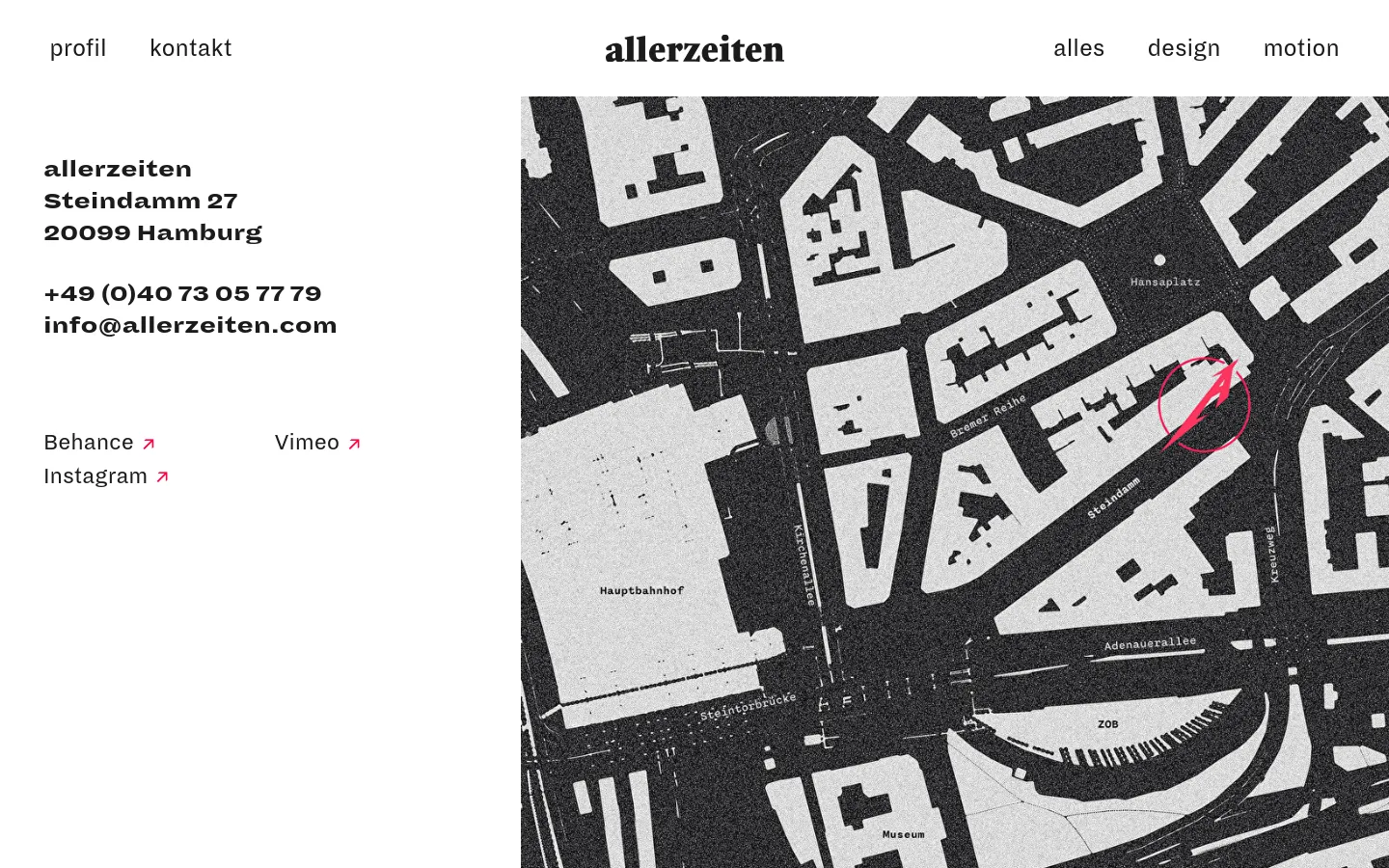 The desktop contact page features a minimalist white layout with the studio name 'allerzeiten' in a bold serif font at the top center. On the left, contact details including address, phone, and email are listed in black text, followed by social media links. A large, high-contrast black and white stylized map of Hamburg occupies the right side of the screen.