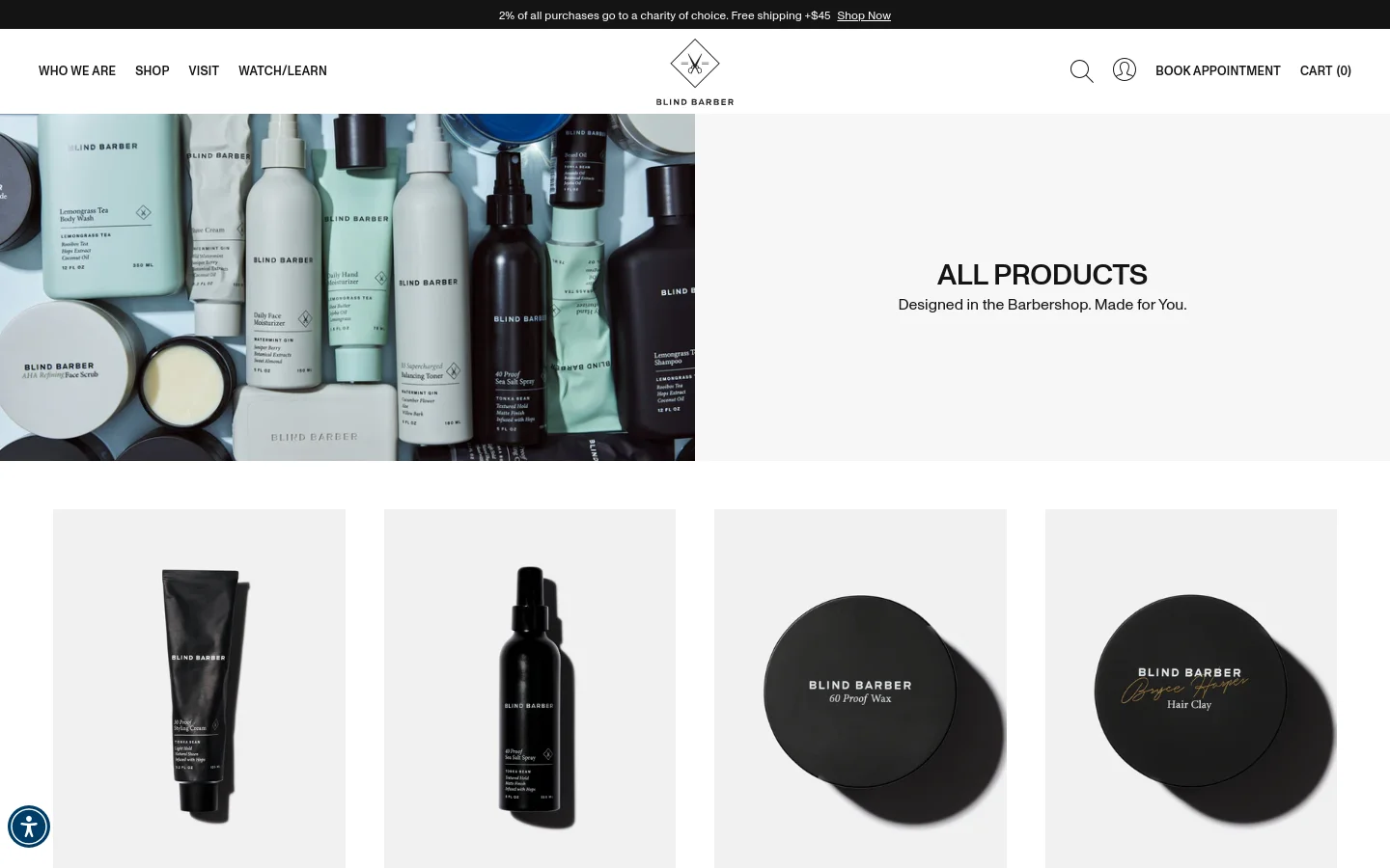 The desktop view shows a wide hero banner featuring a collection of Blind Barber grooming products in various containers against a clean background. To the right, the headline 'ALL PRODUCTS' is displayed with the subtext 'Designed in the Barbershop. Made for You.' Below the hero section, a grid of product images is arranged on a light gray background, including styling cream, sea salt spray, and hair clay.